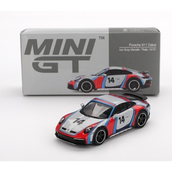 Mini GT 1:64 Porsche 911 Dakar LHD Rally 1978 Tribute ice grey metallic