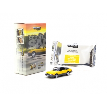 Tarmac 1:64 Saab 900 Turbo Convertible yellow with Tarmac Cards Combo set